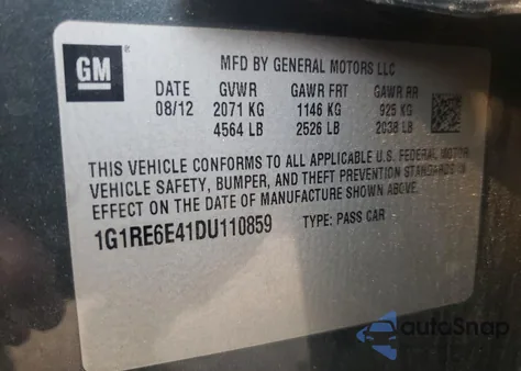 2013 Chevrolet Volt from USA, damaged, VIN 1G1RE6E41DU110859